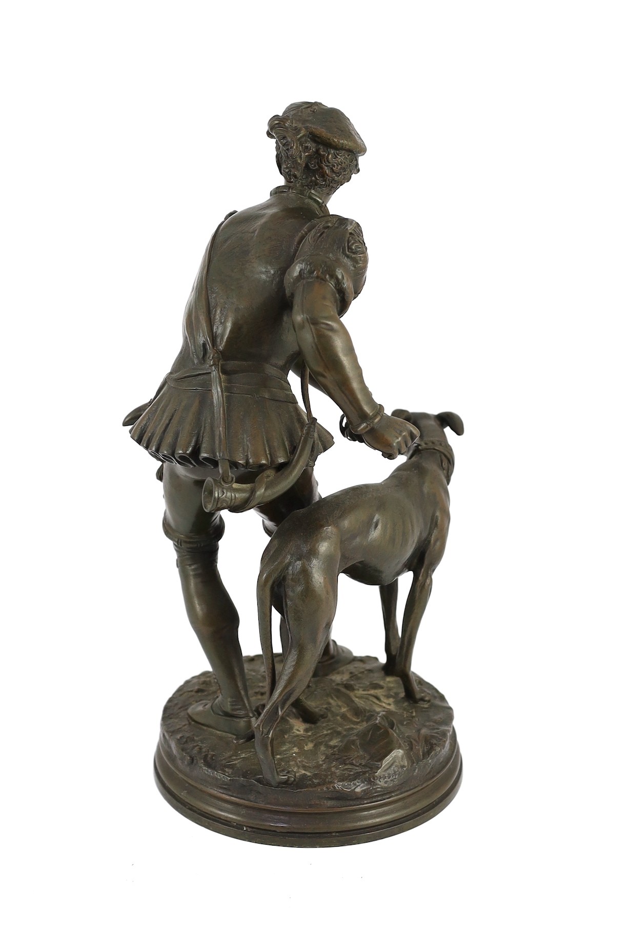 Adrien Etienne Gaudez (French, 1845-1902). A bronze group of a huntsman and hound, height 39cm
